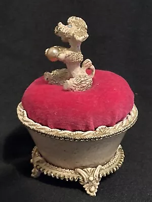 Vtg Florenza French Poodle Dog Footed Pink Velvet Pin Cushion Trinket Pin Box • $24