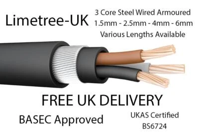£312.53 • Buy 3 Core Armoured Cable SWA 6943 1.5mm, 2.5mm, 4mm, 6mm XLPE - Various Lengths
