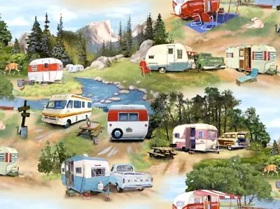 Elizabeth's Studio ~ Real Small Vintage Campers ~ 100% Cotton Quilt Fabric BTY • $16.99