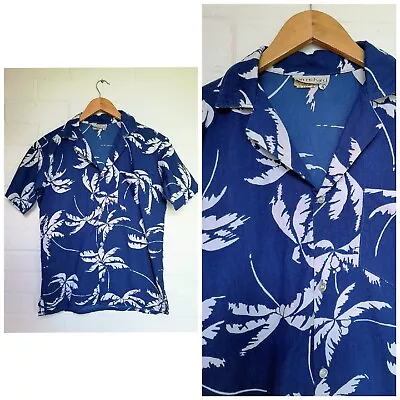 Vintage 70s 80s Blue White Hawaiian Palm Tree Print Cotton Shirt XS   • £10