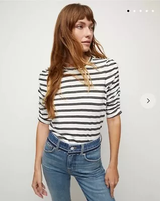 Veronica Beard Jeans Waldorf Ruched Quarter Sleeve Striped Pima Cotton Tee • $60