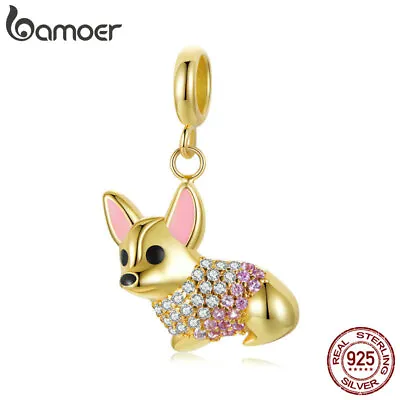 Bamoer Women 925 Sterling Silver Cute Corgi CZ Pendant Charm Fit Bracelets Gifts • $11.79