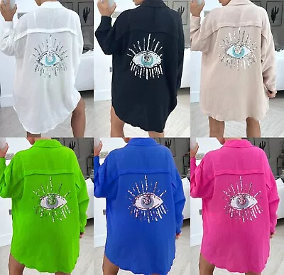 £24.95 • Buy Women's Ladies Sequin Eye Button Up Oversized Summer Tunic Shirt Mini Dress Tops