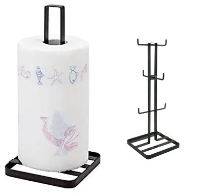 6 Mug Tree & Kitchen Towel Holder Black Flat Iron 2 PCS Set Kitchen Storage Rack • £14.95