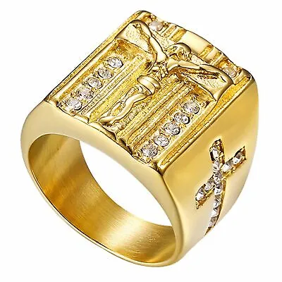 Mens Stainless Steel Gold CZ Jesus Prayer Cross Crucifix Ring For Men Size 8-13 • $9.99