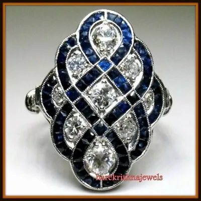 Vintage Art Deco 3CT Lab-Created Diamond & Sapphire Antique Ring 14K Gold Finish • $145.88