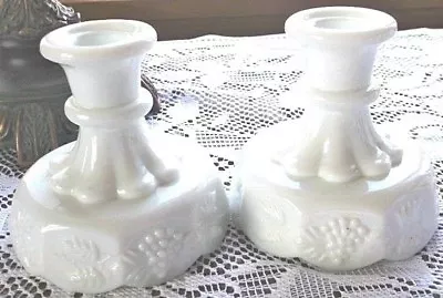 Westmoreland White Milk Glass Raised Paneled Grape Clusters 2 Candle Holders 4 T • $27