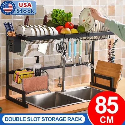 2 Tier Over The Sink Dish Drying Rack Stainless Steel Kitchen Dish Drainer Black • $39.89