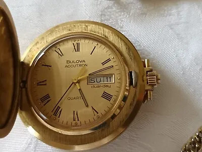 VINTAGE LATE 1970s BULOVA ACCUTRON QUARTZ DUAL DAY GOLD PLATED POCKET WATCH • $85.78