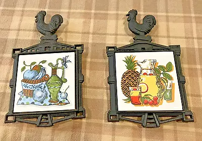 Two Ceramic 1970s MCM Cast Iron & Tile Rooster Kitchen Trivets Japan 9 1/4  X 6  • $14.99