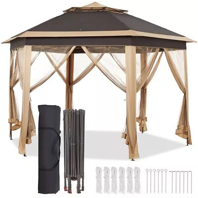 Hexagonal Outdoor Gazebo Pop Up Patio Garden Canopy W/Mesh Netting Khaki/Brown • £128.99