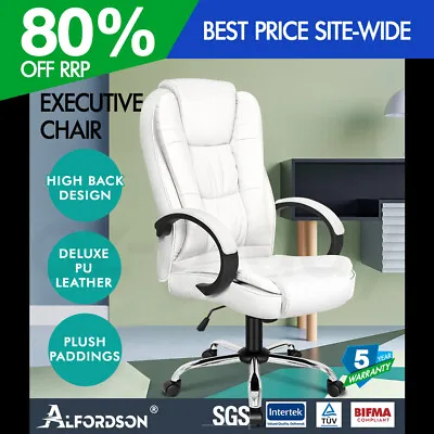 $129.95 • Buy ALFORDSON Office Chair Executive PU Leather Computer Gaming Racer White Seat