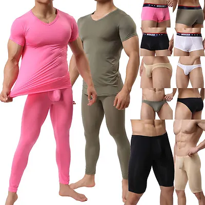 $13.39 • Buy Sexy Men Seamless Ice Silk Pajamas T-shirt Boxer Shorts Thermal Pants Underwear 