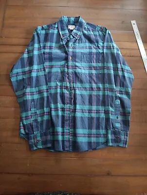 J. Crew Mens Vintage Oxford Tailored Shirt Plaid Size Medium Blue Green Cotton • $11.99