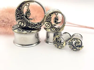 Steam Punk Crescent Golden Moon Dangle Ear Tunnels With Aliens Double Flare Ear • $19.99