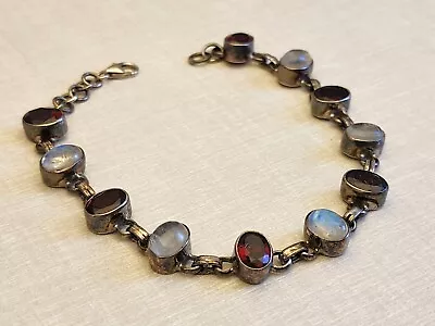 Vintage Sterling Silver 925 Garnet Moon Stone Link Bracelet • $20.50