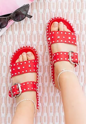 Ladies Womens Flat Studs Buckle Chunky Flatform Slip On Slides Sliders Sandals • £14.95