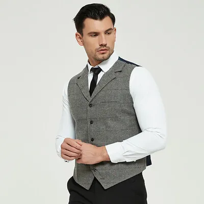 Mens Herringbone Slim Sleeveless Jacket Lapel Waistcoat Retro Tweed Formal Vest • $21.38