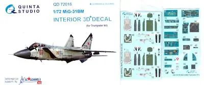 Quinta Studios 1/72 MiG-31BM DECAL COLORED INTERIOR SET Trumpeter • $19.99