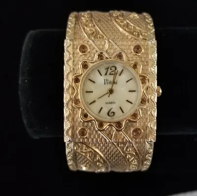 Vivani Brass Tone Cuff Watch W/Amber Crystals MOP Face 6.5  To 8  New Battery • $8.24