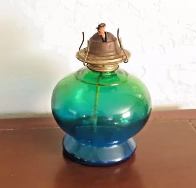 Vintage P & A Risdon Kerosene Oil Lamp Danbury Blue Green No Globe • $22