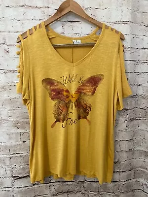 Cato Shirt Womens Large Yellow Butterfly Print Strappy Sleeve Stretch Wild Free • $17.09