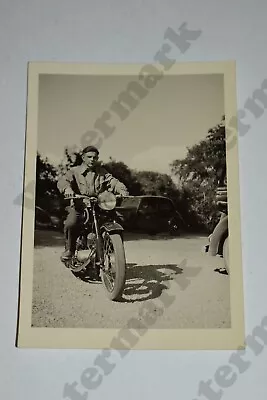 1940s Candid Of Man Sitting On Classic Motorcycle   Vintage Photo Aa • $3.99