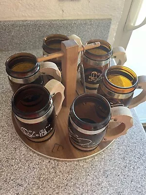 Siesta Ware Cowboy Barrel Mugs Wood Serving Tray Set Brown Glass Western Vintage • $19.95