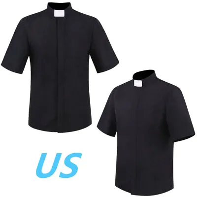 Men's Pastor Preacher Minister Costume Clergy Short Sleeve Stand Collar T-Shirt  • $4.69