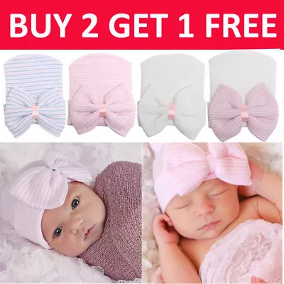 Newborn Baby Girls Infant Striped Soft Hat With Bow Cap Hospital Beanie Headband • £3.47