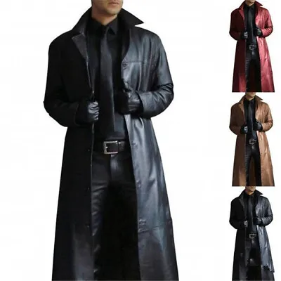 Men PU Leather Trench Coat Long Jacket Outwear Formal Office Work Casual Peacoat • $76.67