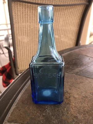 $14 • Buy Vintage Blue Glass Bottle  BITTERS  Wheaton, NJ 6”-Used