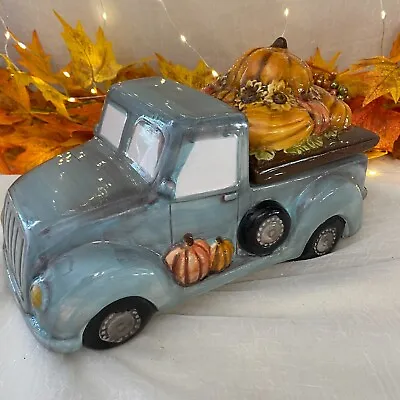 Ceramic Teal Blue Retro Pick Up Truck Loaded W Pumpkin Fall Cookie Jar New Decor • $26.99