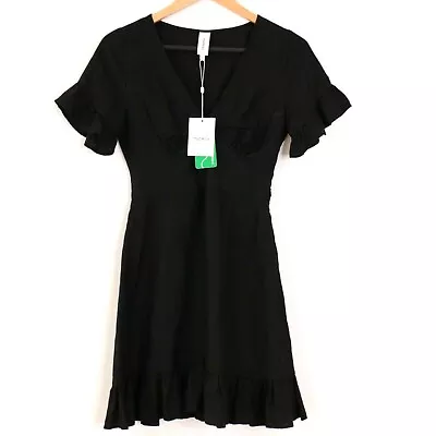$59 • Buy Tigerlily 'Kara' Mini Dress Black Fit & Flare Ruffle Sleeve Linen Rayon Size 6