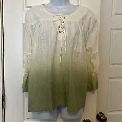$14 • Buy POL Women's Size M Cream Sage Green Dip Dye Embroidered Bell Sleeve Bohemian Top