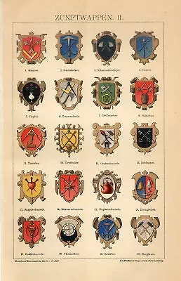 1895 OLD CRAFT GUILDS COATS OF ARMS MASON GOLDSMITH SAILOR ChromolithographPrint • $5.50