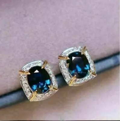 $139.21 • Buy 2.9Ct Oval Lab Created Blue Sapphire Halo Stud Earrings 14K 2 Micron Yellow Gold