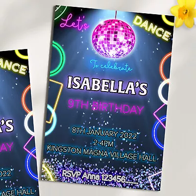 Personalised Glow Disco Birthday Party InvitationsDisco Dance Birthday Invites • £7.99