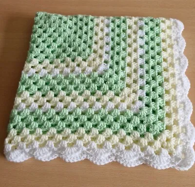 Lovely Hand Crochet Baby Blanket In Mint Lemon And White. • £11.99