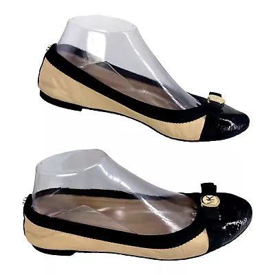 Michael Kors Dixie Beige Black Bow Leather Cap Toe Ballet Flats Womens Sz 6.5 • $34.97