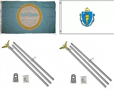 3x5 City Of Boston & State Massachusetts Flag & 2 Aluminum Pole Kit Sets 3'x5' • $36.94