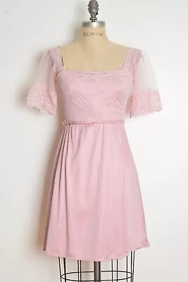Vintage 70s Dress Dusky Pink Lace Bodice Braid Belt Romantic Mini Dress XS • $52
