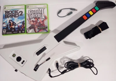 $129 • Buy Xbox 360 Guitar Hero 2  Rock Band Gibson Xplorer Guitar Bundle Dongle Strap