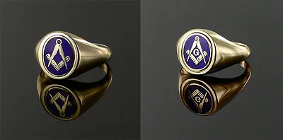 9ct Yellow Gold Square And Compass Reversible Masonic Ring- Blue Enamel • £595