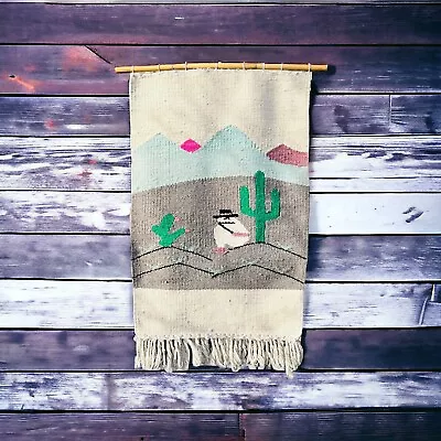 Southwest Handmade Wool Woven Wall Art Tapestry Cactus Mountains Man Siesta Vtg • $17.99