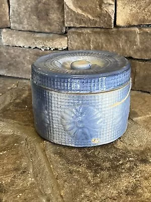 Blue White Salt Glaze Stoneware Butter Crock Daisy & Trellis Original Lid • $17.95