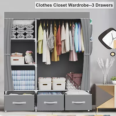 LOEFME Fabric Canvas Wardrobe 165cm Closet Grey W/ Hanging Rail 3 Storage Boxes • £27.99