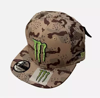 NWT. Monster Energy Desert Camo Flat Brim Trucker Cap. 3 Logos. OSFM. • $32