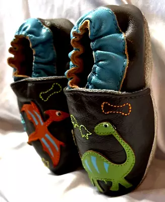 MOMO Baby Leather Baby Shoes Soft Sole Slip On Dinosaurs Orange/Green/Brown USED • $14