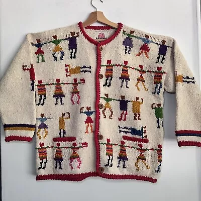 Vintage Amano Chunky Handknit Bolivia Wool Cardigan People Holding Hands Size L • £144.63